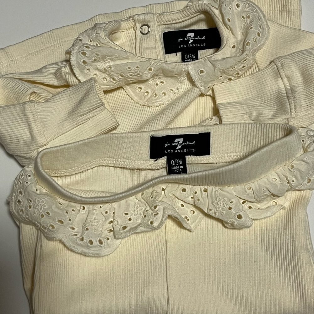 7 For All Mankind Baby Cream Ribbed Set Eyelet Ruffle | 0–3M - Picture 2 of 6